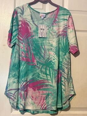 LuLaRoe Morgan Short Sleeve Tropical Palm Print Top - Green & Pink